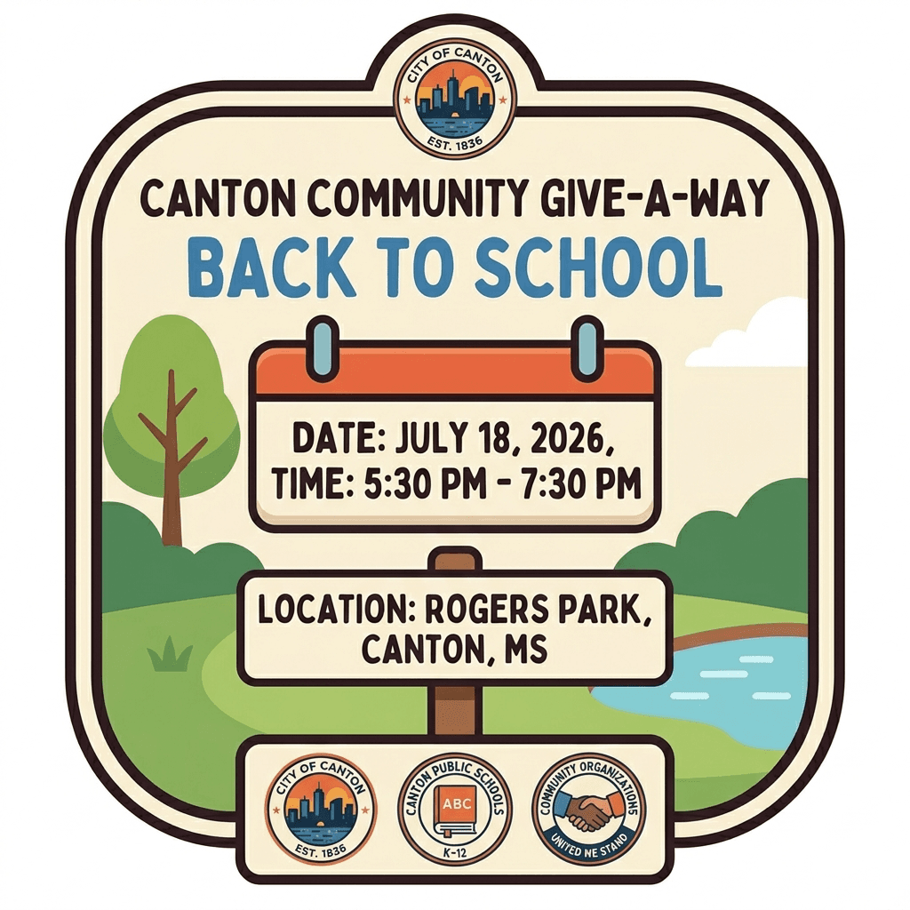 Flyer for the Canton Community Give-A-Way Back to School event at Rogers Park, July 18, 2026, 5:30 to 7:30 PM