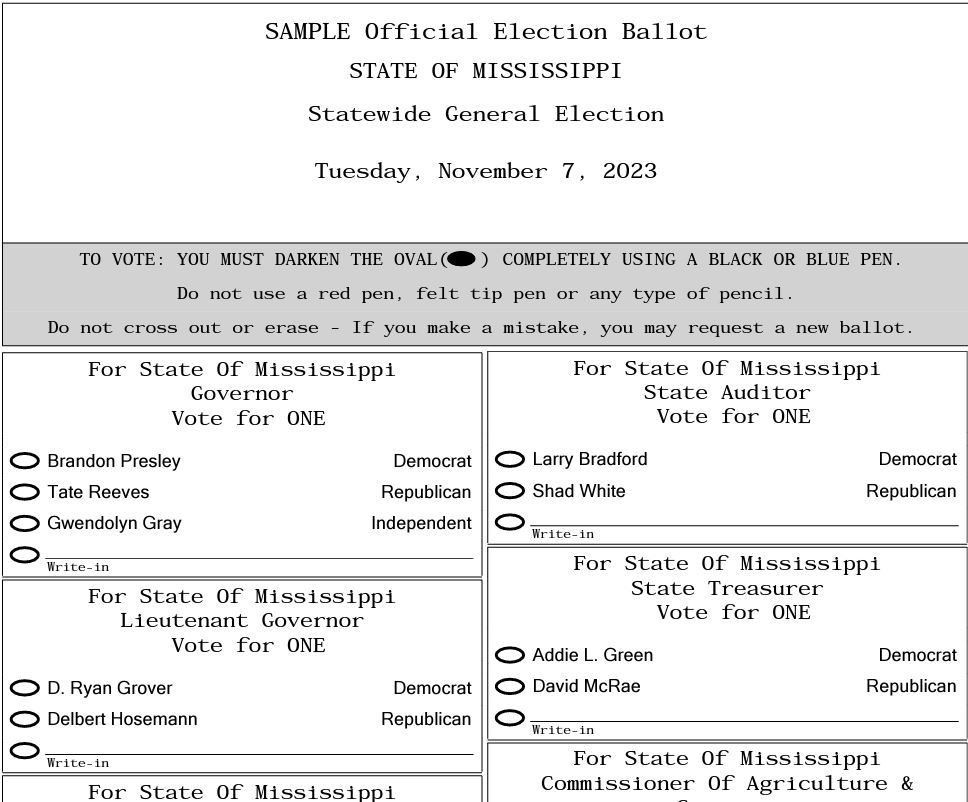 Sample Ballot for Mississippi for the November 8, 2023 Election Rho